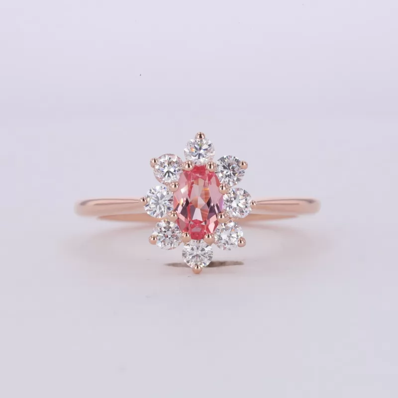 4×6mm Oval Cut Lab Grown Padparadscha Pink Sapphire 10K Rose Gold Halo Engagement Ring