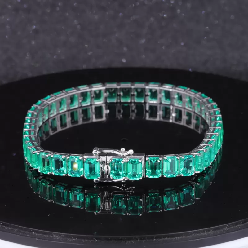 5×7mm Octagon Emerald Cut Lab Grown Emerald 14K White Gold Tennis Bracelet