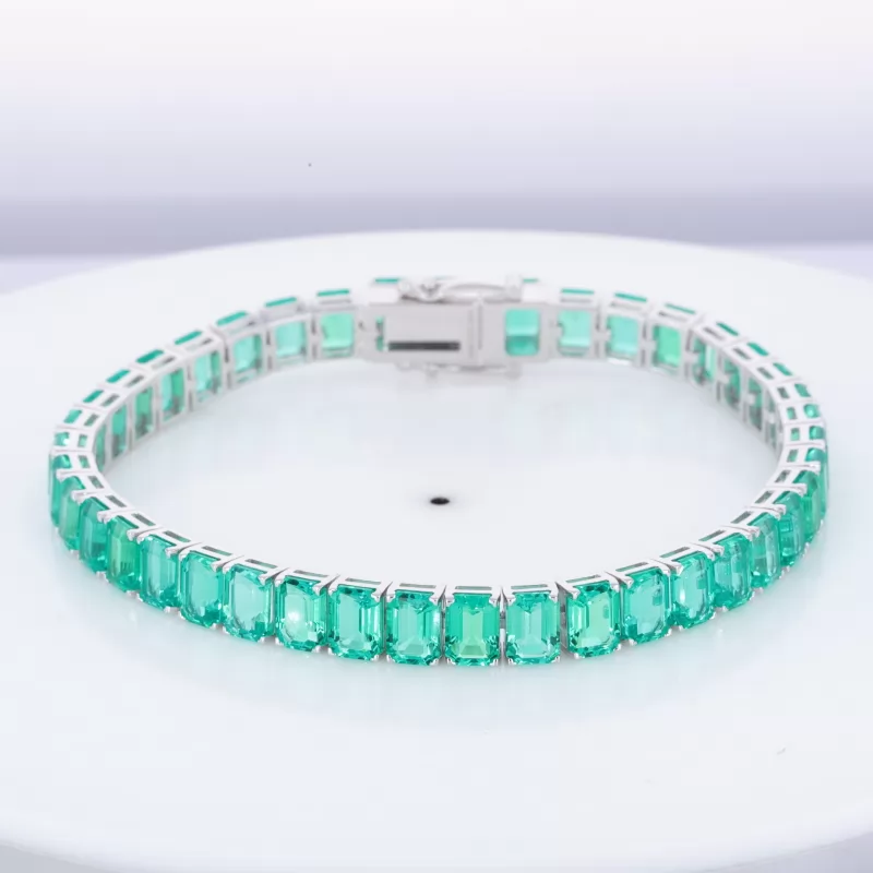 5×7mm Octagon Emerald Cut Lab Grown Emerald 14K White Gold Tennis Bracelet