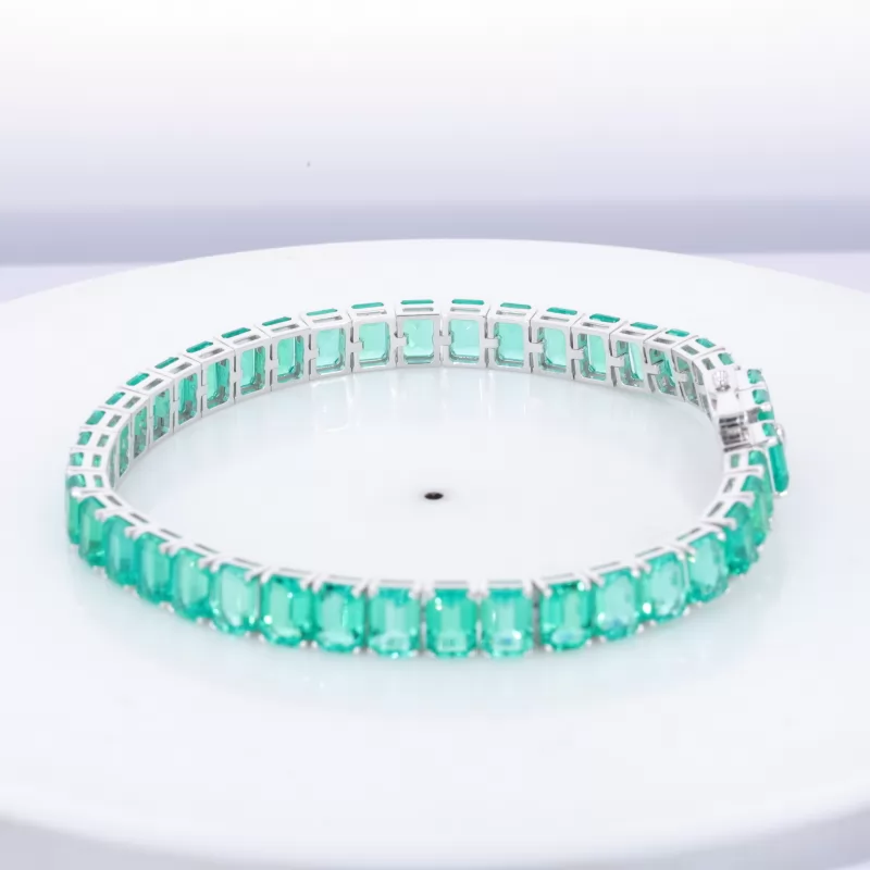 5×7mm Octagon Emerald Cut Lab Grown Emerald 14K White Gold Tennis Bracelet