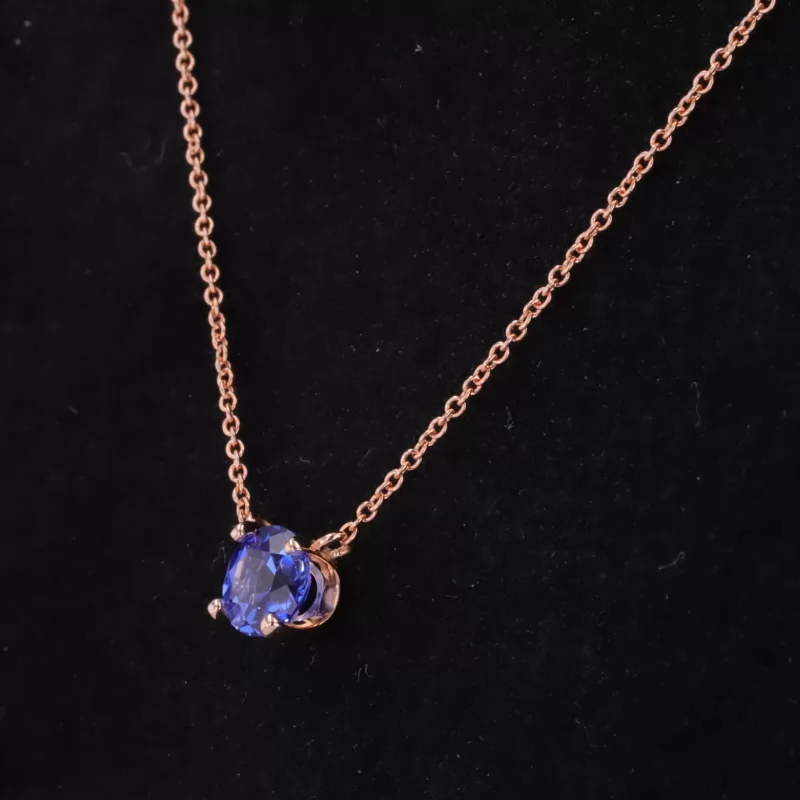 5.5mm Round Brilliant Cut Lab Grown Sapphire 10K Rose Gold Diamond Pendant Necklace