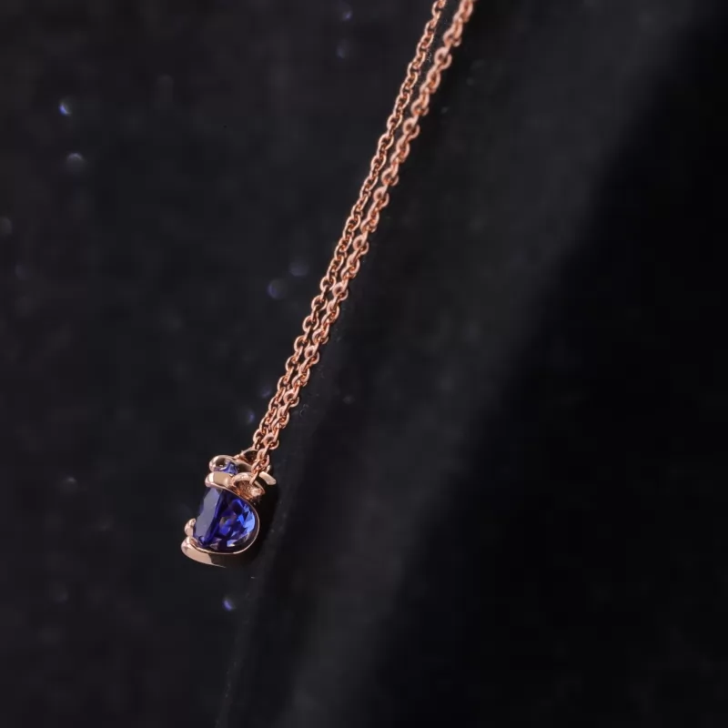 5.5mm Round Brilliant Cut Lab Grown Sapphire 10K Rose Gold Diamond Pendant Necklace