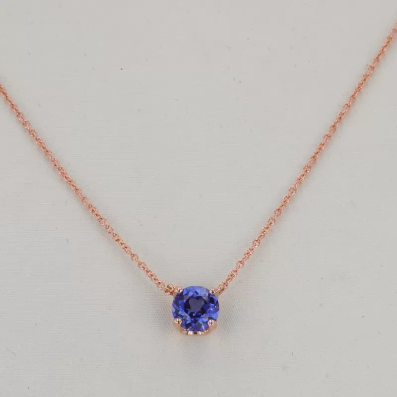 5.5mm Round Brilliant Cut Lab Grown Sapphire 10K Rose Gold Diamond Pendant Necklace