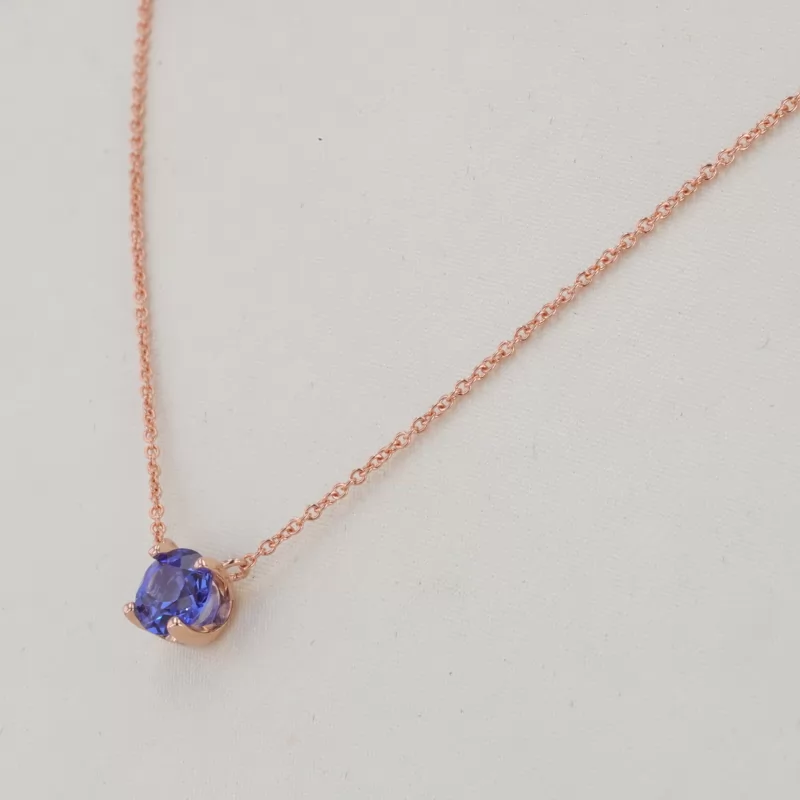 5.5mm Round Brilliant Cut Lab Grown Sapphire 10K Rose Gold Diamond Pendant Necklace