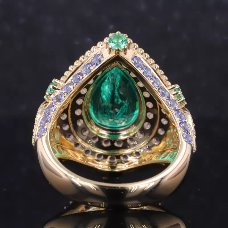 10×14mm Pear Cut Lab Grown Emerald 10K Yellow Gold Vintage Engagement Ring