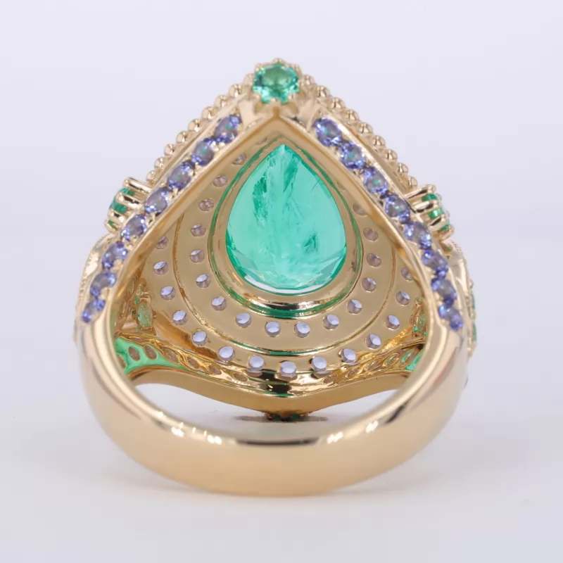 10×14mm Pear Cut Lab Grown Emerald 10K Yellow Gold Vintage Engagement Ring