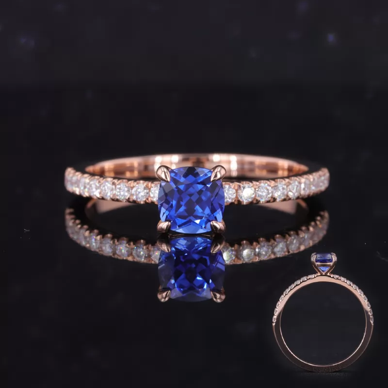 5.5×5.5mm Cushion Cut Lab Grown Sapphire 10K Rose Gold Pave Engagement Ring