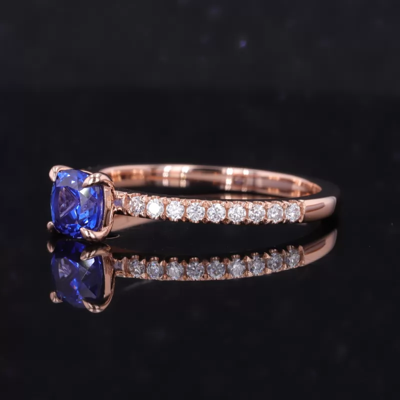 5.5×5.5mm Cushion Cut Lab Grown Sapphire 10K Rose Gold Pave Engagement Ring