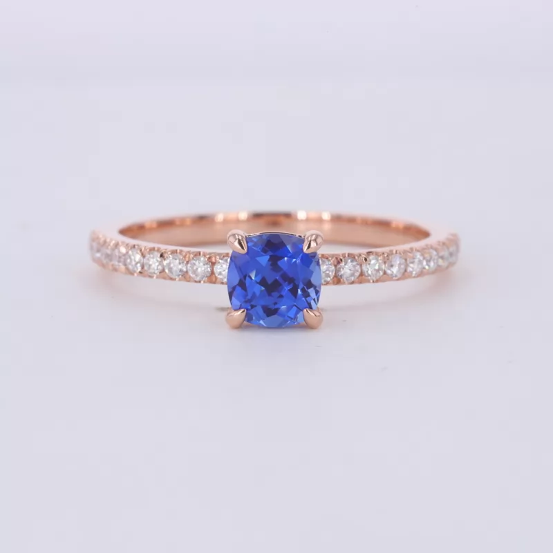 5.5×5.5mm Cushion Cut Lab Grown Sapphire 10K Rose Gold Pave Engagement Ring