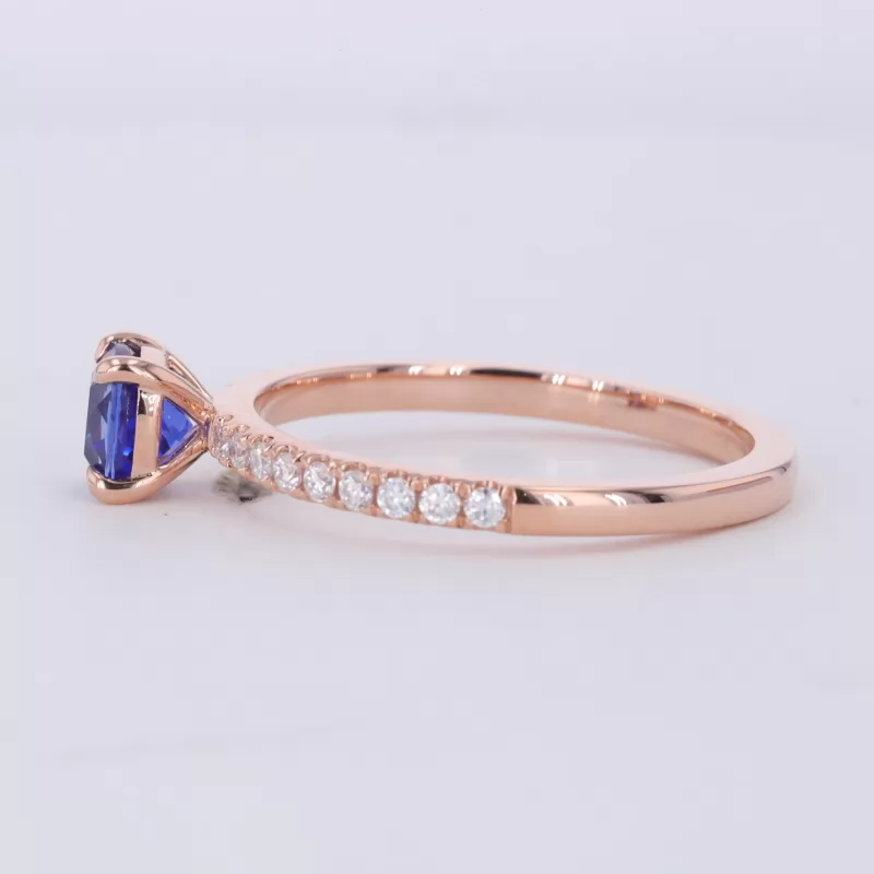 5.5×5.5mm Cushion Cut Lab Grown Sapphire 10K Rose Gold Pave Engagement Ring