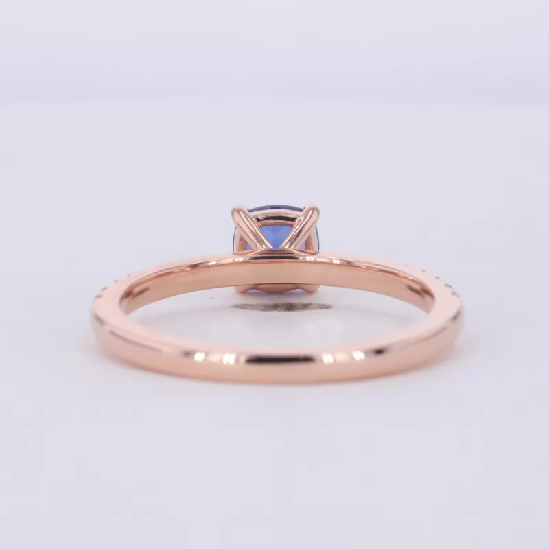 5.5×5.5mm Cushion Cut Lab Grown Sapphire 10K Rose Gold Pave Engagement Ring