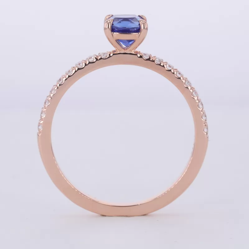 5.5×5.5mm Cushion Cut Lab Grown Sapphire 10K Rose Gold Pave Engagement Ring