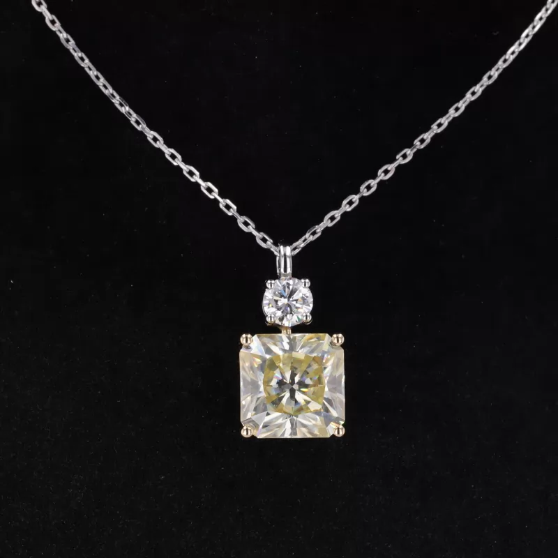 11×11mm Radiant Cut Yellow Moissanite 14K White Gold Diamond Pendant Necklace