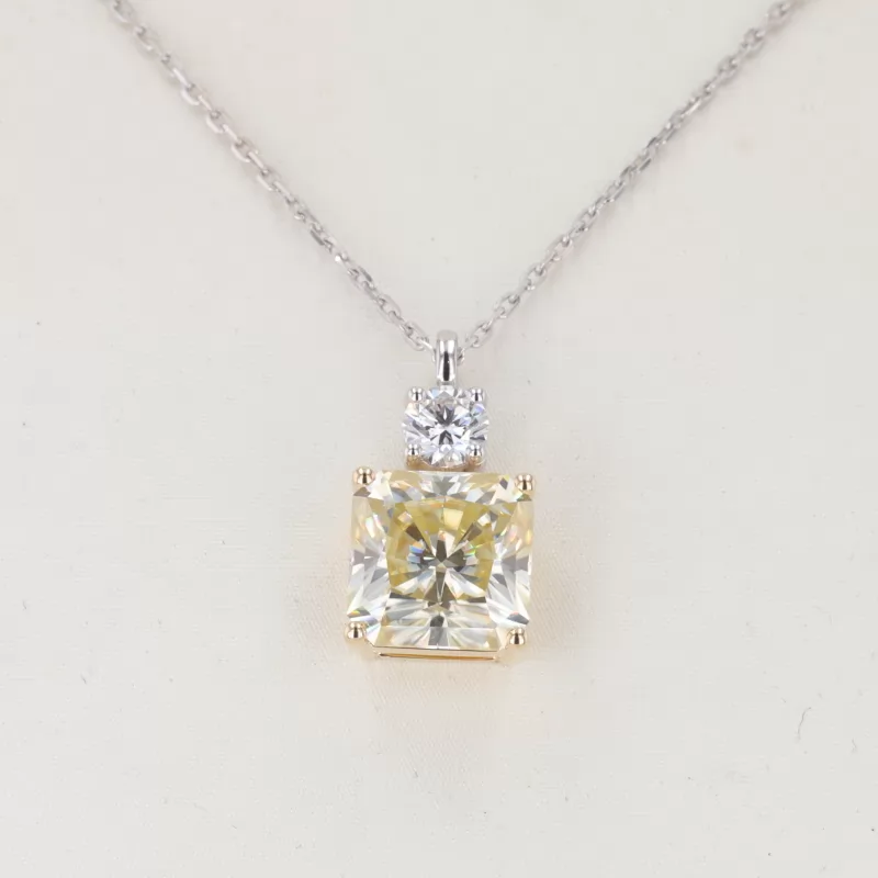 11×11mm Radiant Cut Yellow Moissanite 14K White Gold Diamond Pendant Necklace