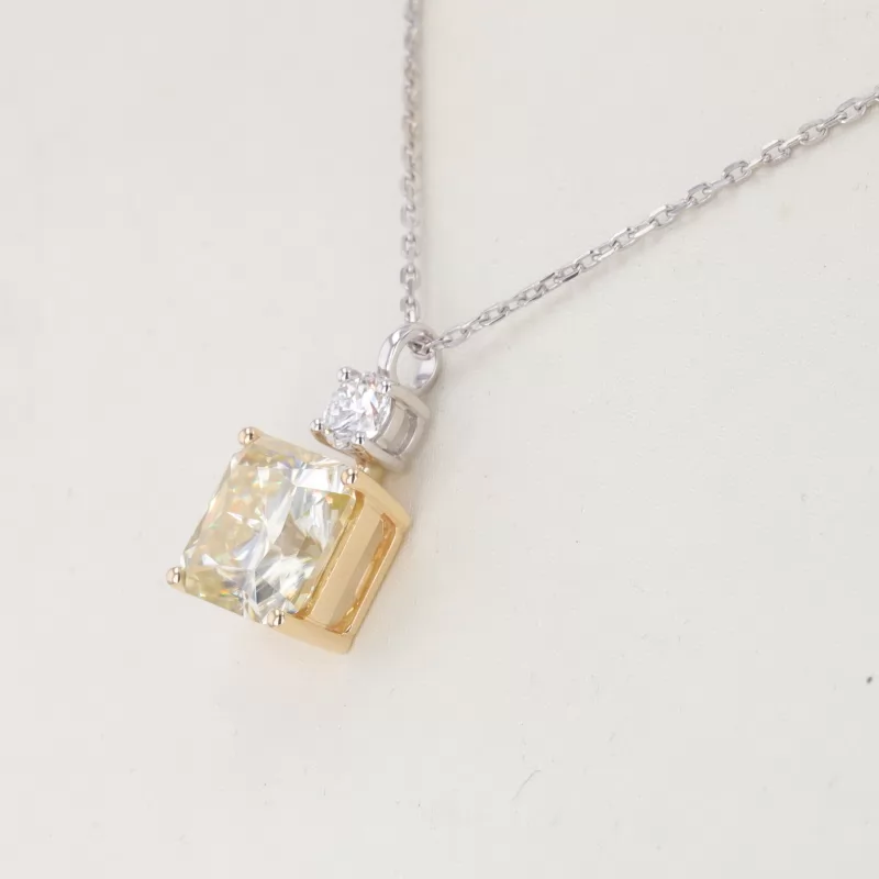 11×11mm Radiant Cut Yellow Moissanite 14K White Gold Diamond Pendant Necklace