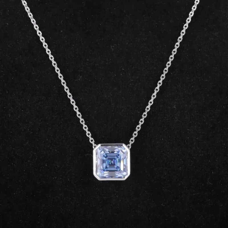 9×9mm Asscher Cut Blue Moissanite Bezel Set S925 Sterling Silver Diamond Pendant Necklace
