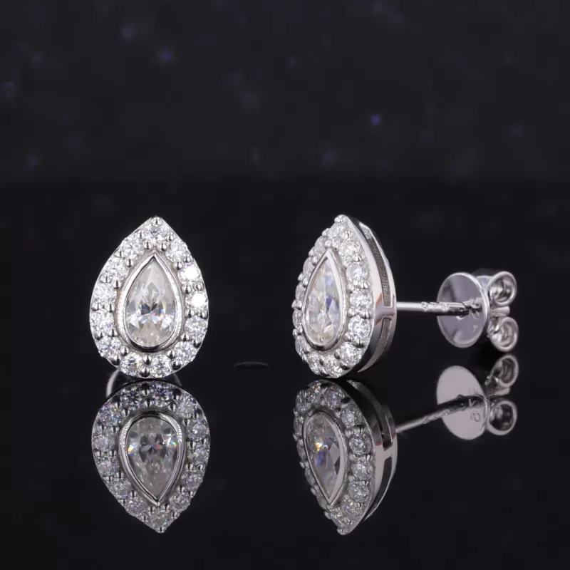 3×5mm Pear Cut Moissanite Halo Set S925 Sterling Silver Diamond Stud Earrings