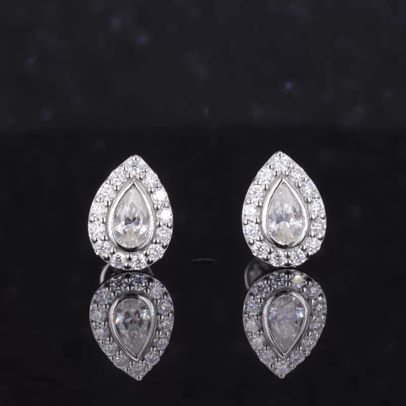 3×5mm Pear Cut Moissanite Halo Set S925 Sterling Silver Diamond Stud Earrings