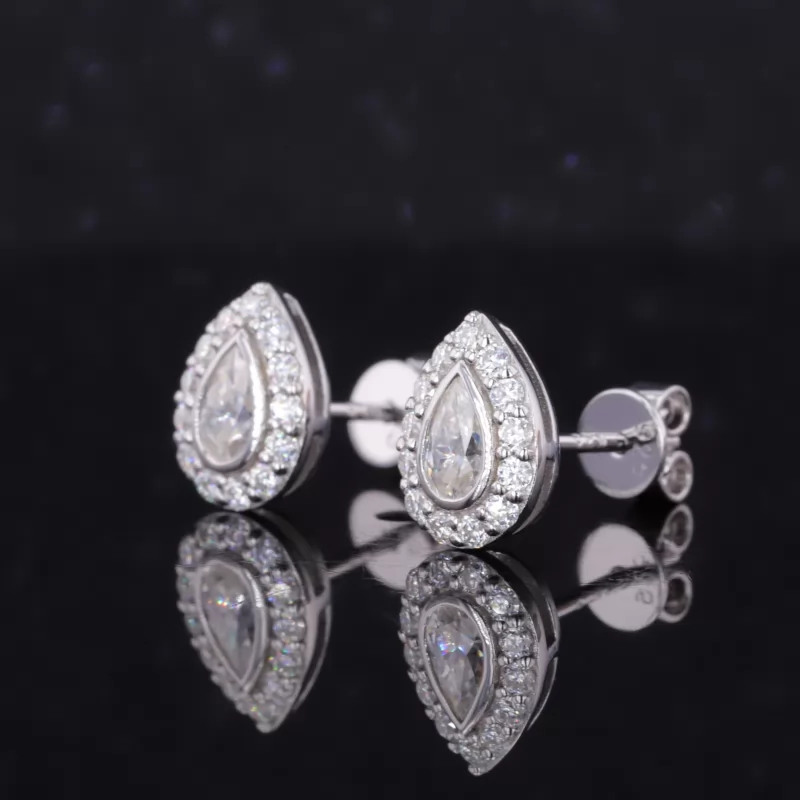 3×5mm Pear Cut Moissanite Halo Set S925 Sterling Silver Diamond Stud Earrings