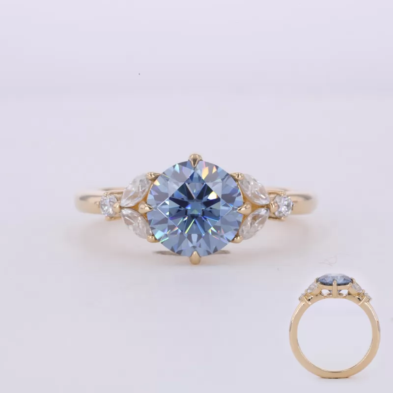 8mm Round Brilliant Cut Blue Moissanite With Side Moissanite 10K Yellow Gold Engagement Ring