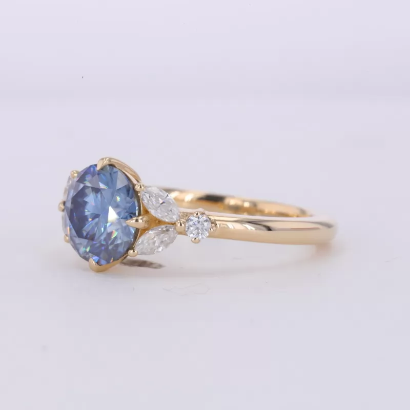 8mm Round Brilliant Cut Blue Moissanite With Side Moissanite 10K Yellow Gold Engagement Ring