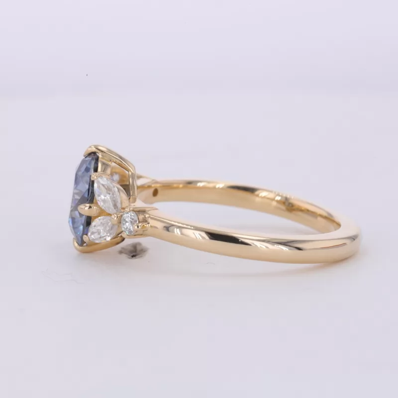 8mm Round Brilliant Cut Blue Moissanite With Side Moissanite 10K Yellow Gold Engagement Ring