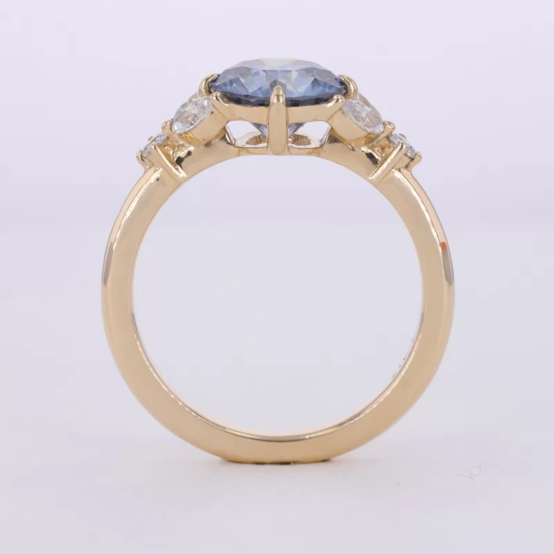 8mm Round Brilliant Cut Blue Moissanite With Side Moissanite 10K Yellow Gold Engagement Ring