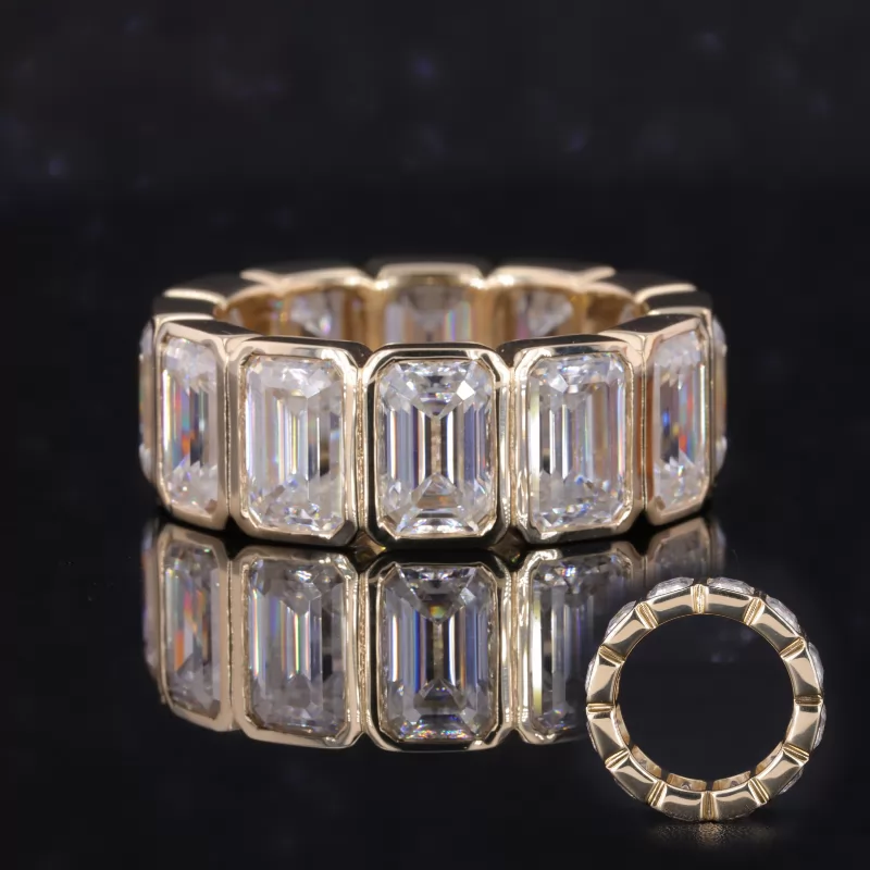 4×6mm Octagon Emerald Cut Moissanite Bezel Set 9K Yellow Gold Diamond Eternity Ring