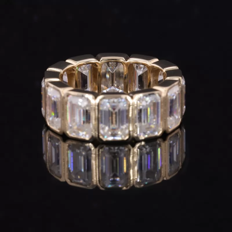 4×6mm Octagon Emerald Cut Moissanite Bezel Set 9K Yellow Gold Diamond Eternity Ring