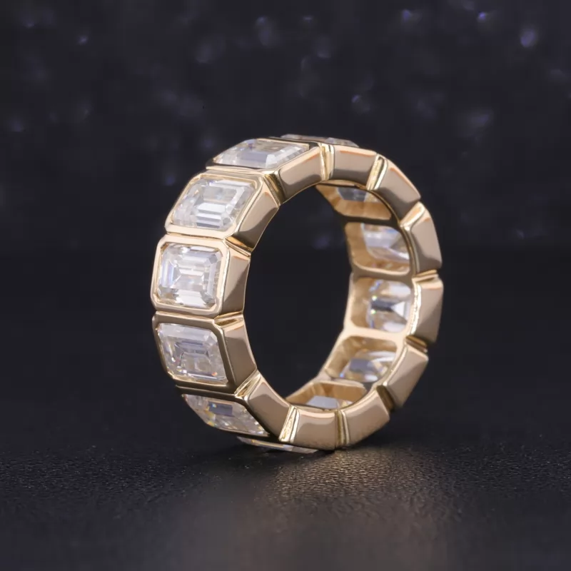 4×6mm Octagon Emerald Cut Moissanite Bezel Set 9K Yellow Gold Diamond Eternity Ring