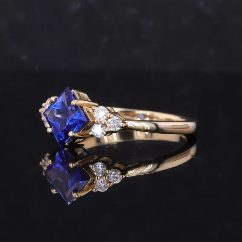 6×6mm Princess Cut Lab Grown Sapphire With Side Moissanite 10K Yellow Gold Engagement Ring
