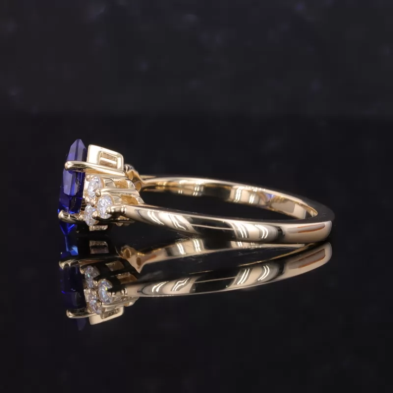 6×6mm Princess Cut Lab Grown Sapphire With Side Moissanite 10K Yellow Gold Engagement Ring