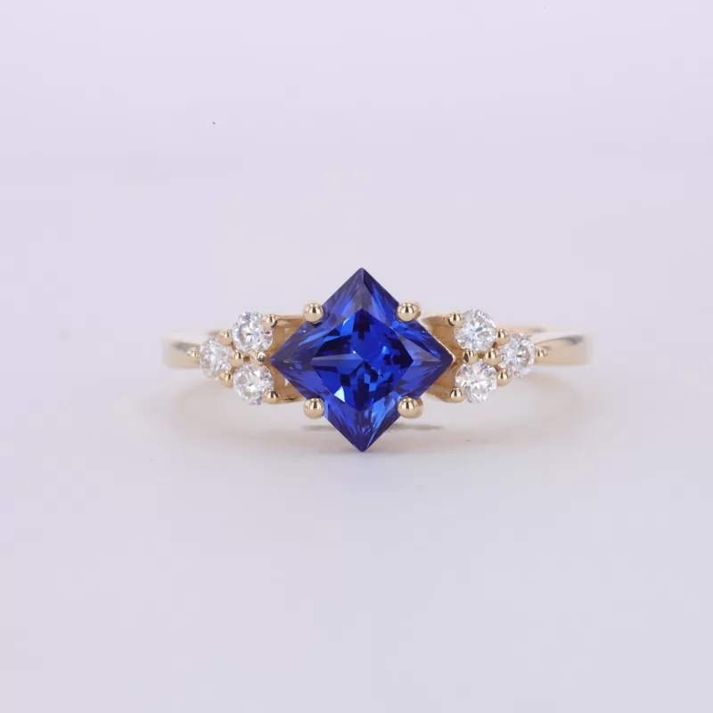 6×6mm Princess Cut Lab Grown Sapphire With Side Moissanite 10K Yellow Gold Engagement Ring