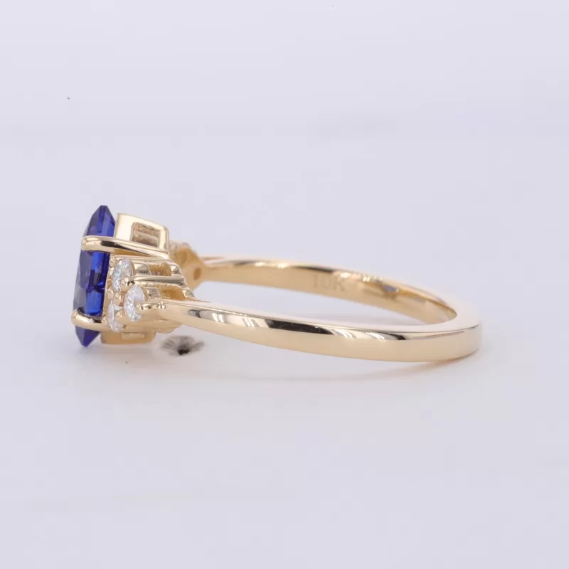 6×6mm Princess Cut Lab Grown Sapphire With Side Moissanite 10K Yellow Gold Engagement Ring