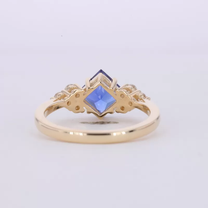 6×6mm Princess Cut Lab Grown Sapphire With Side Moissanite 10K Yellow Gold Engagement Ring
