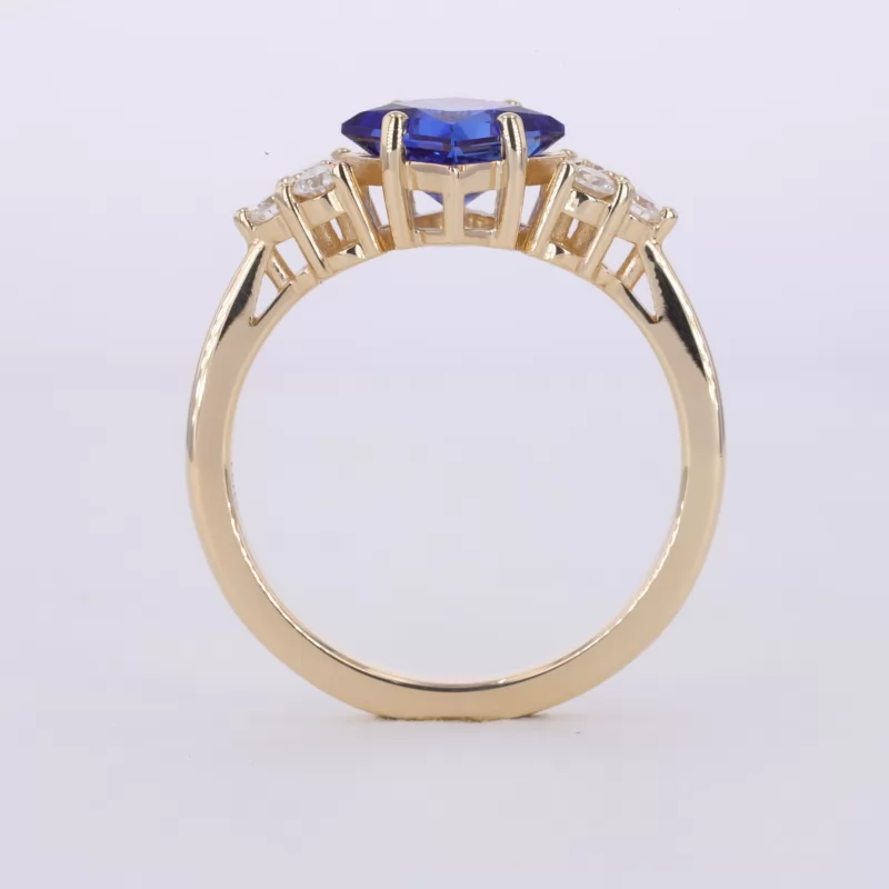 6×6mm Princess Cut Lab Grown Sapphire With Side Moissanite 10K Yellow Gold Engagement Ring