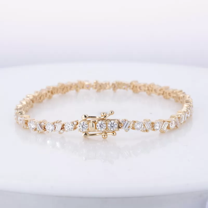 3×1.5mm Baguette Step Cut Moissanite & 3mm Round Brilliant Cut Moissanite Tennis Bracelets