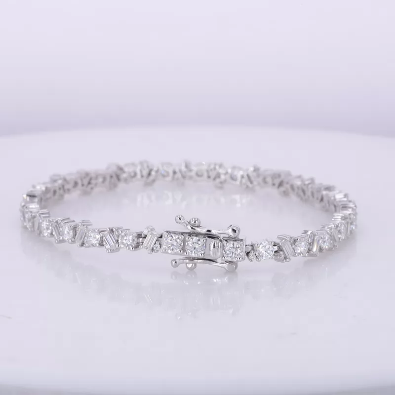 3×1.5mm Baguette Step Cut Moissanite & 3mm Round Brilliant Cut Moissanite Tennis Bracelets