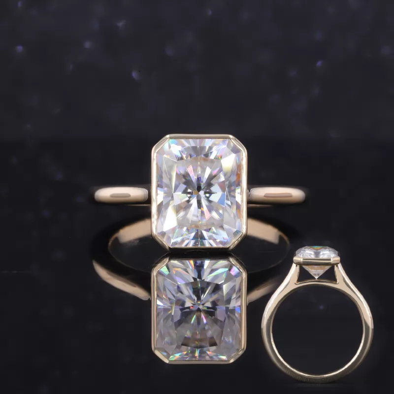 8×10mm Radiant Cut Moissanite Bezel Set 10K Yellow Gold Solitaire Engagement Ring