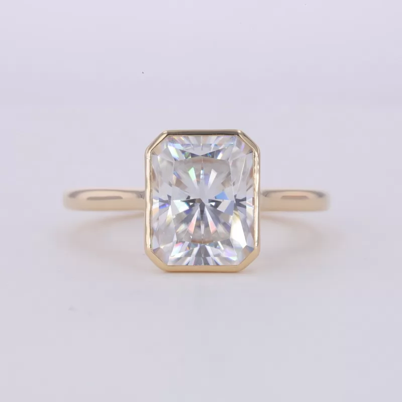 8×10mm Radiant Cut Moissanite Bezel Set 10K Yellow Gold Solitaire Engagement Ring