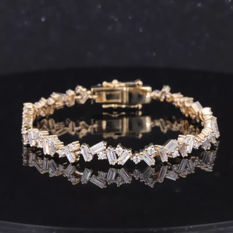 2×4mm Baguette Step Cut Moissanite & 2mm Round Brilliant Cut Moissanite 9K Yellow Gold Tennis Bracelet