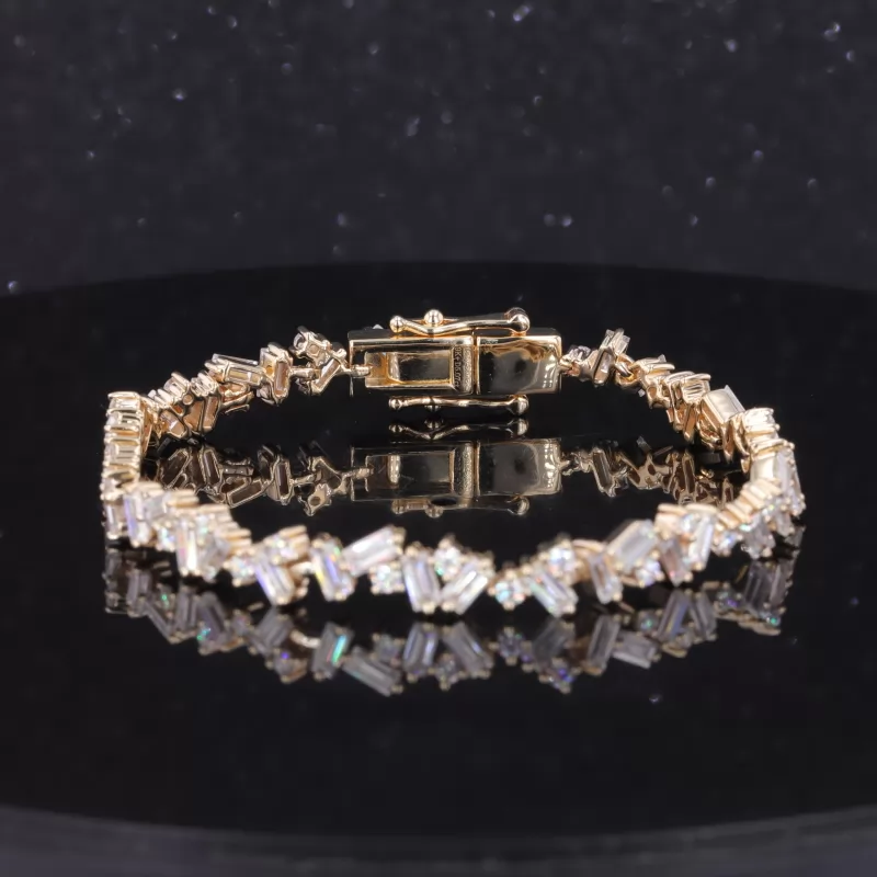 2×4mm Baguette Step Cut Moissanite & 2mm Round Brilliant Cut Moissanite 9K Yellow Gold Tennis Bracelet