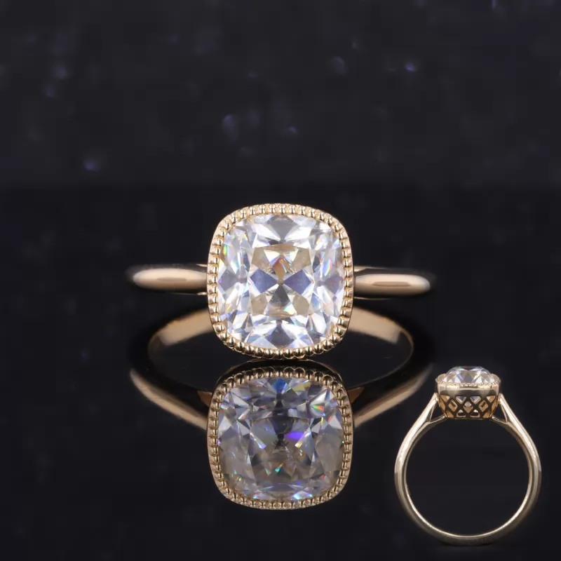 8.5×9mm Cushion Cut Moissanite Bezel Set 10K Yellow Gold Solitaire Engagement Ring