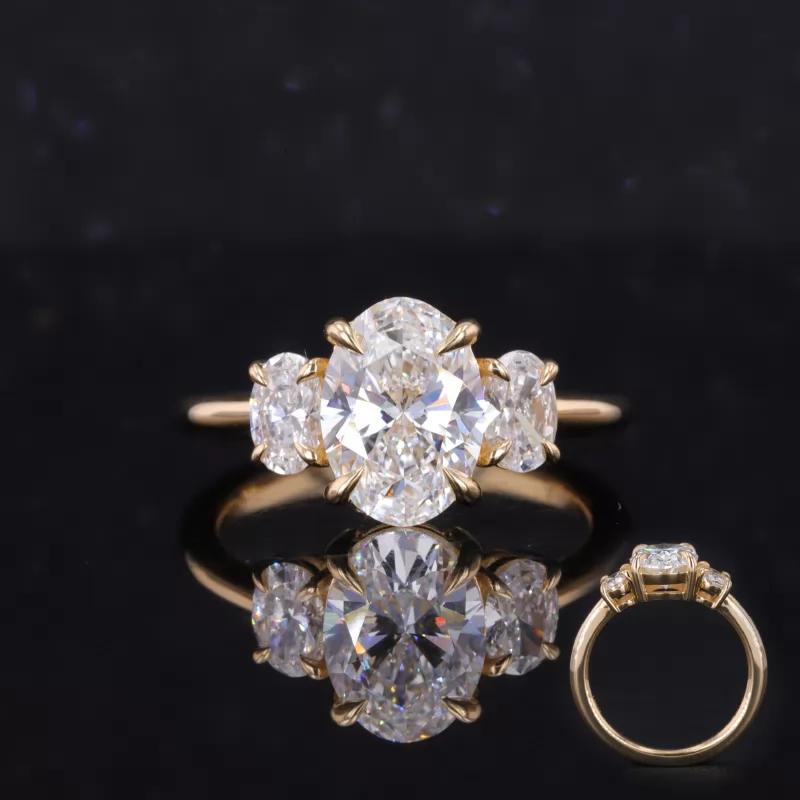 9.33×6.66mm Oval Cut Lab Grown Diamond 18K Yellow Gold Three Stone Engagement Ring