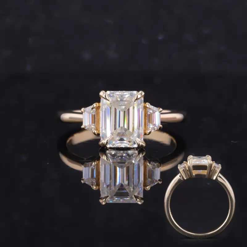 6×8mm Octagon Emerald Cut Moissanite 14K Yellow Gold Three Stone Engagement Ring