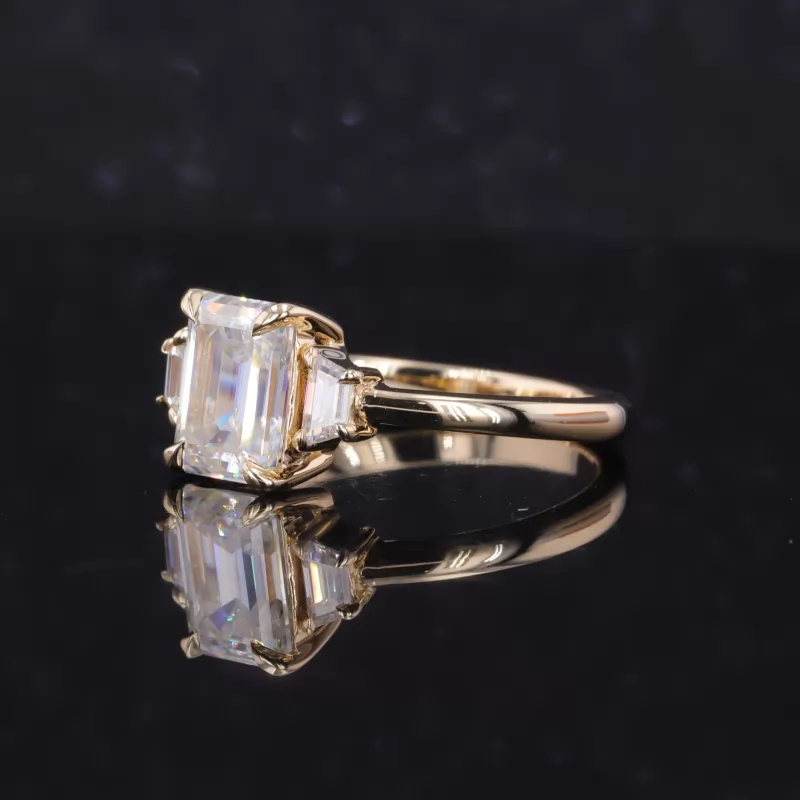 6×8mm Octagon Emerald Cut Moissanite 14K Yellow Gold Three Stone Engagement Ring