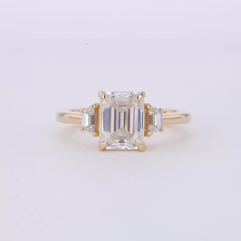 6×8mm Octagon Emerald Cut Moissanite 14K Yellow Gold Three Stone Engagement Ring