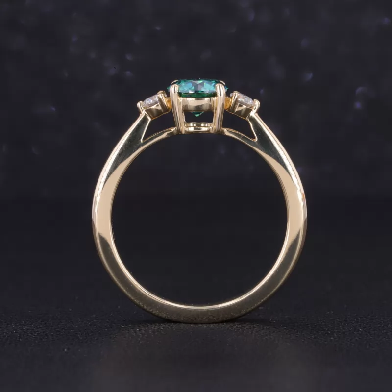 6mm Round Brilliant Cut Green Moissanite 14K Yellow Gold Three Stone Engagement Ring