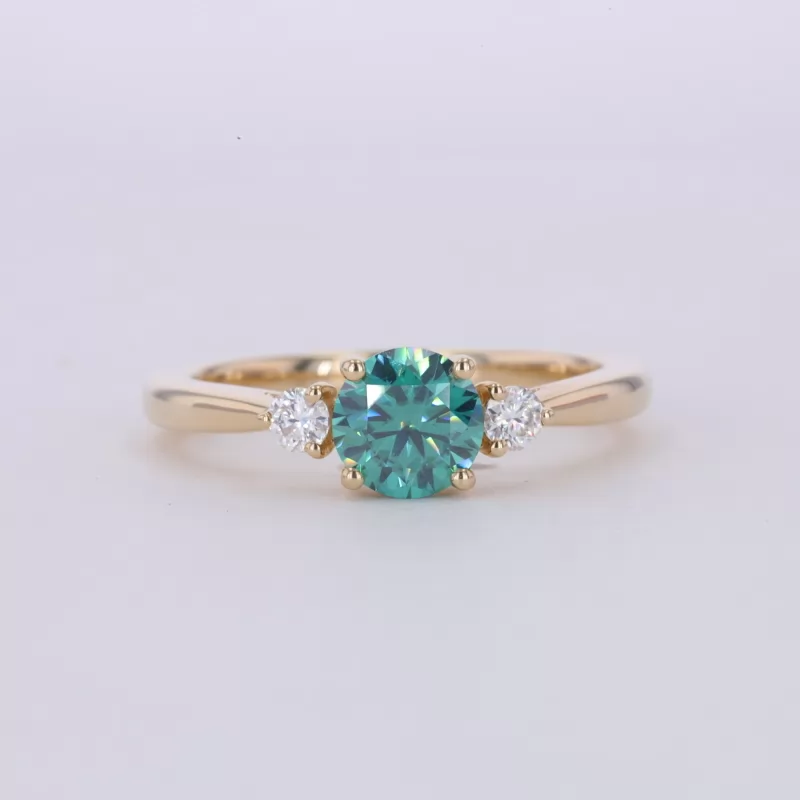 6mm Round Brilliant Cut Green Moissanite 14K Yellow Gold Three Stone Engagement Ring