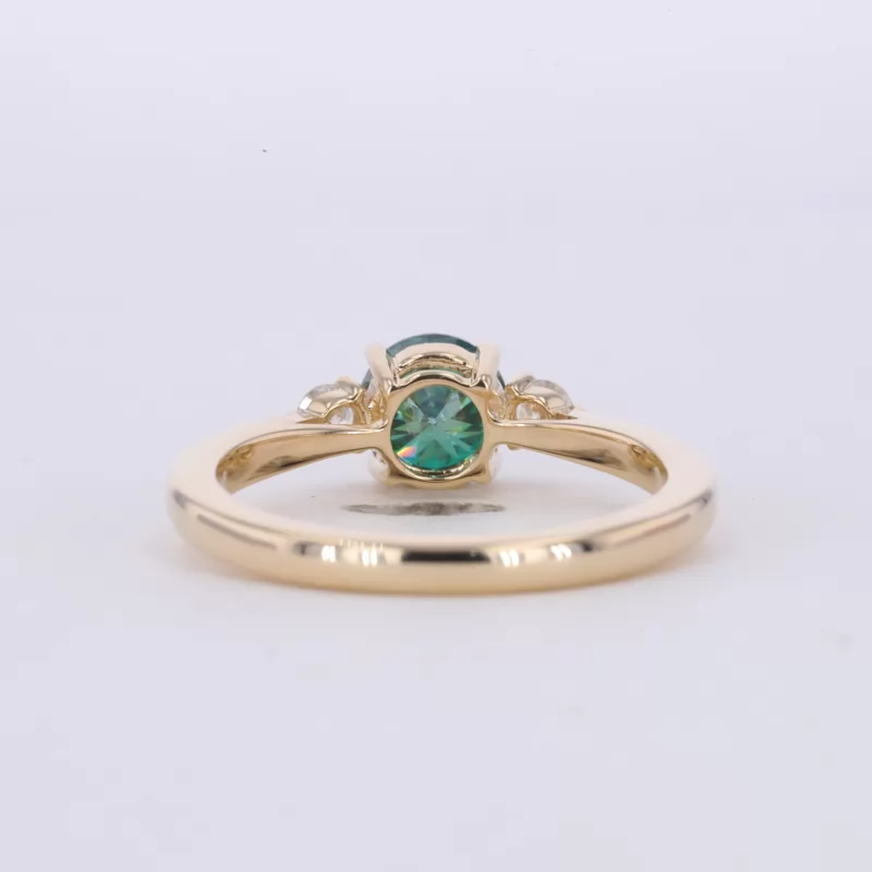 6mm Round Brilliant Cut Green Moissanite 14K Yellow Gold Three Stone Engagement Ring